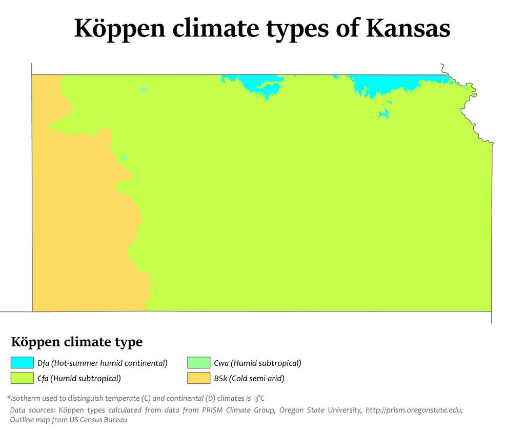Map showing Koppen climate types in Kansas.