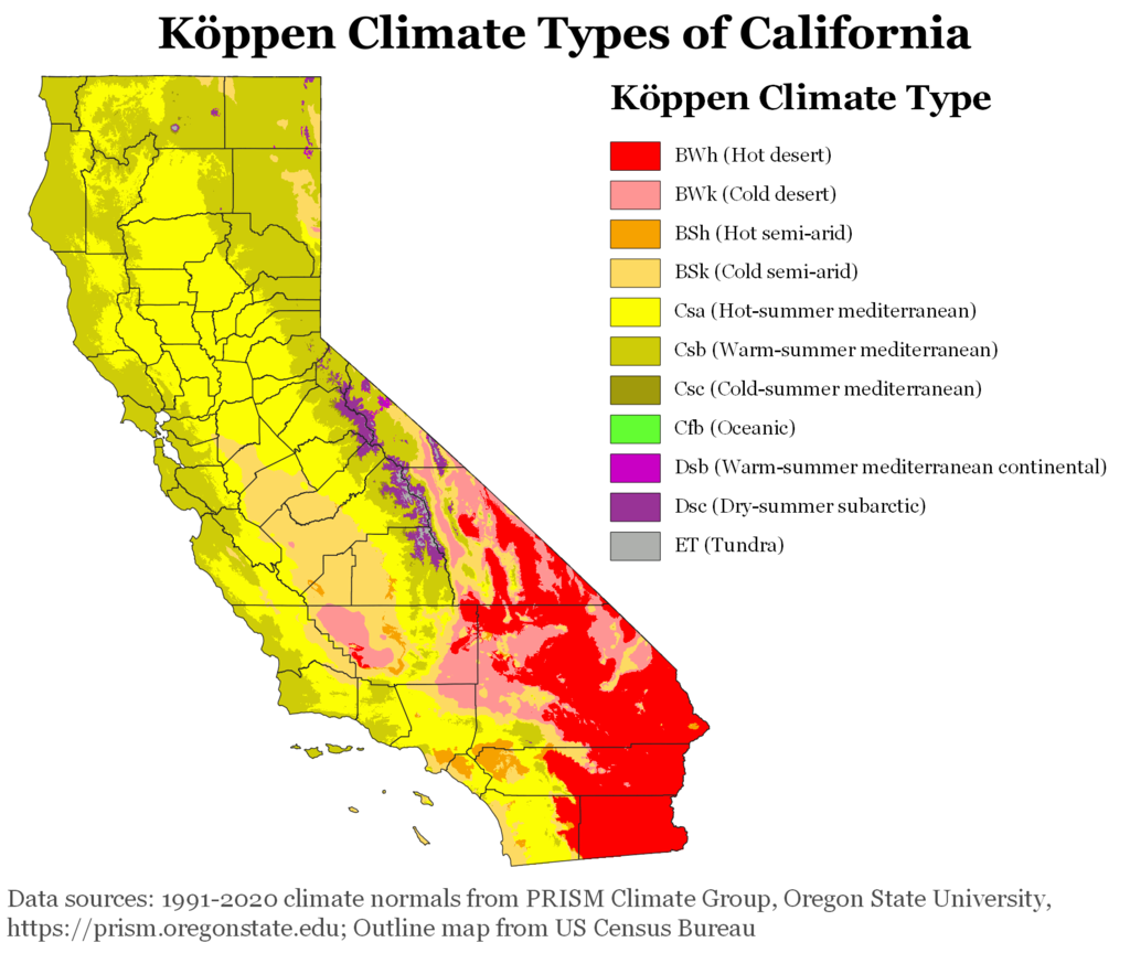 Map showing Koppen climate types in California.