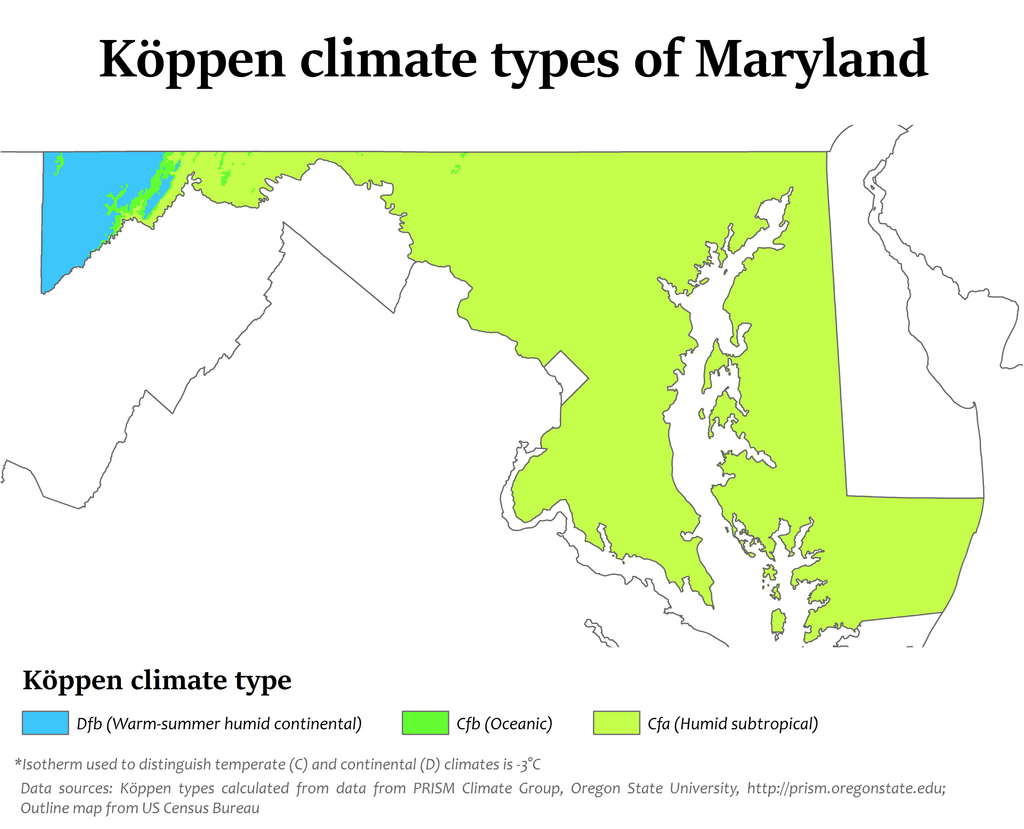 Map showing Koppen climate types in Maryland.