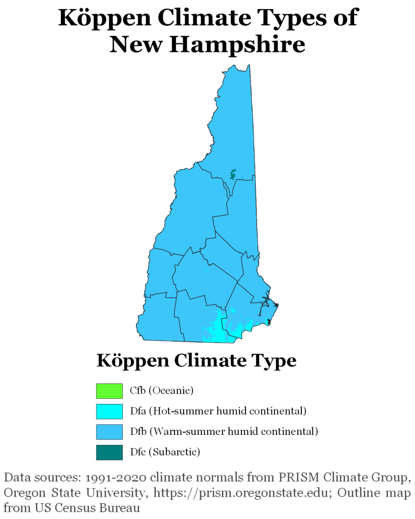 Map showing Koppen climate types in New Hampshire