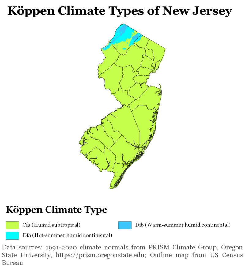 Map showing Koppen climate types in New Jersey