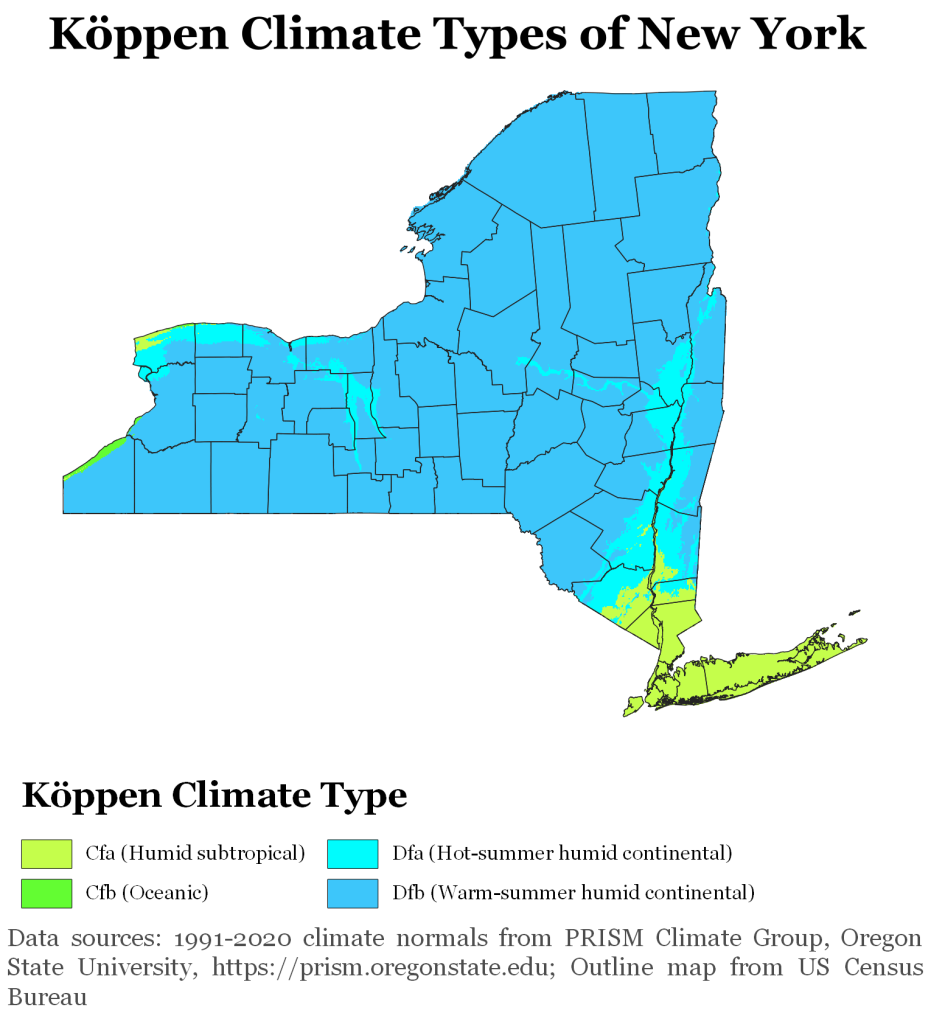 Map showing Koppen climate types in New York
