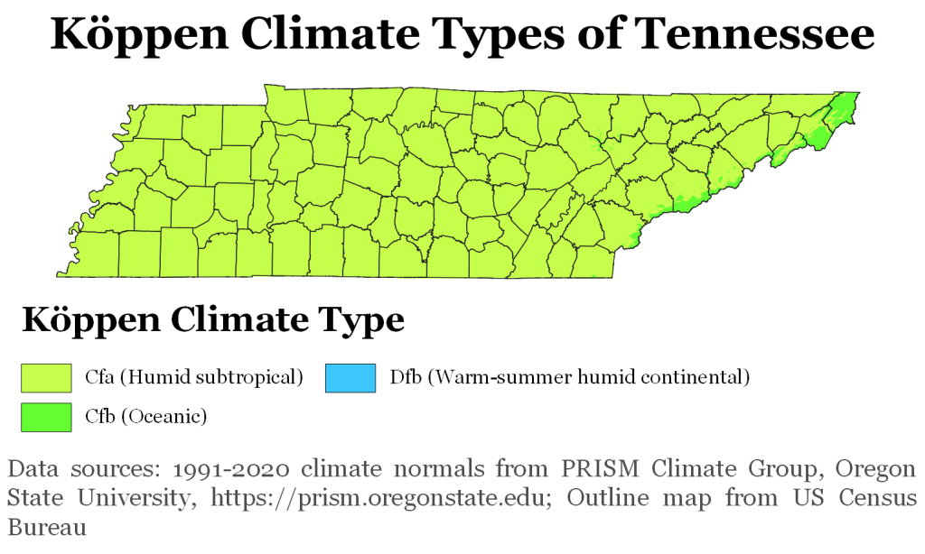 Map showing Koppen climate types in Tennessee